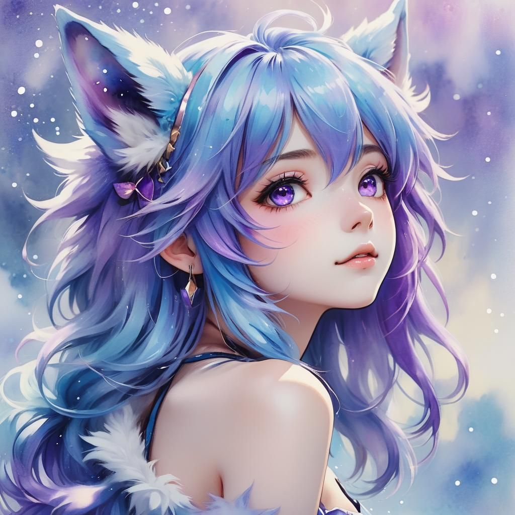 Anime Wolf Girl with Purple Blue Hair in Watercolor Style