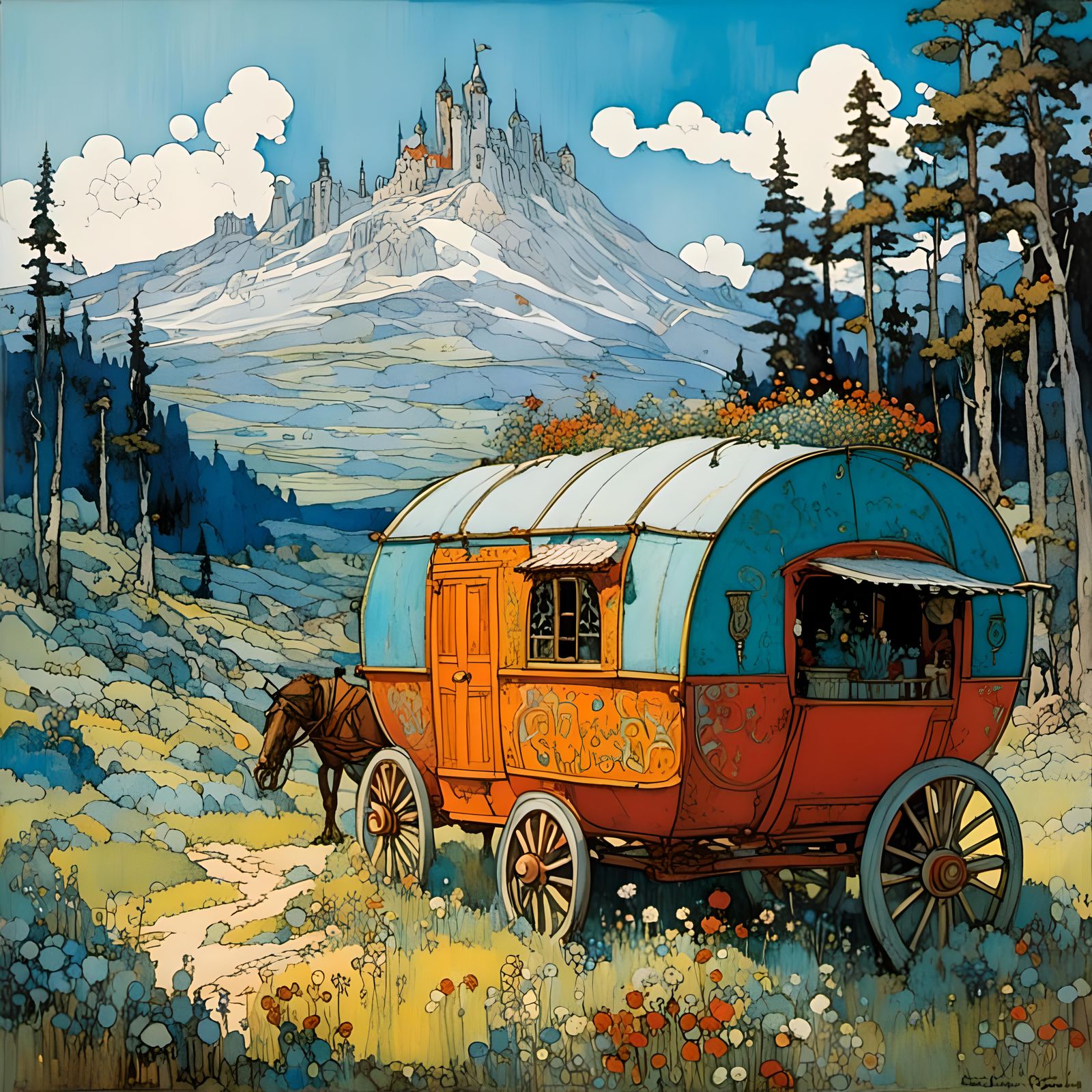 Colorful Gypsy Wagon in Enchanted Landscape