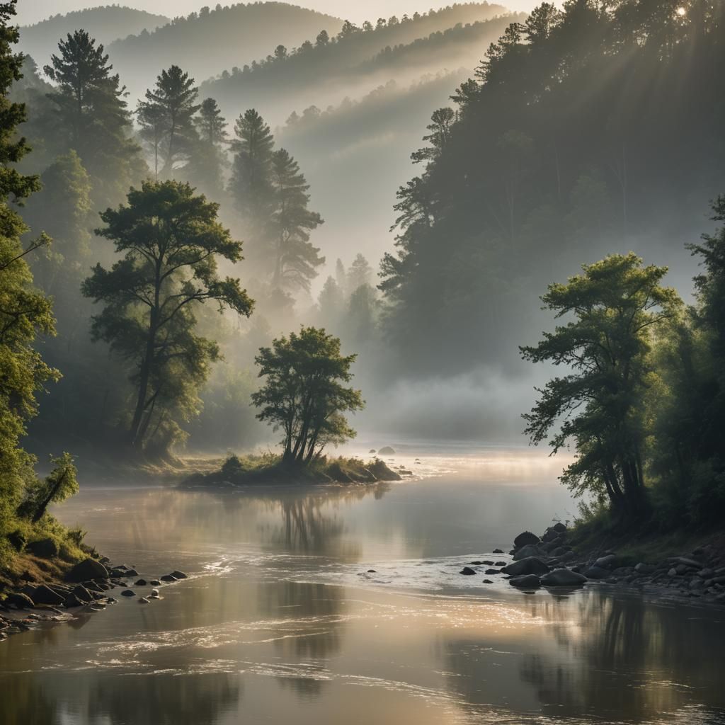 Misty River Through Forest at Sunrise