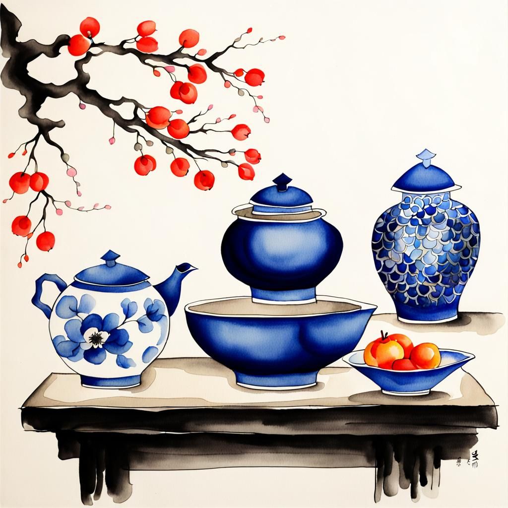 Oriental Watercolor Still Life with Silk Box