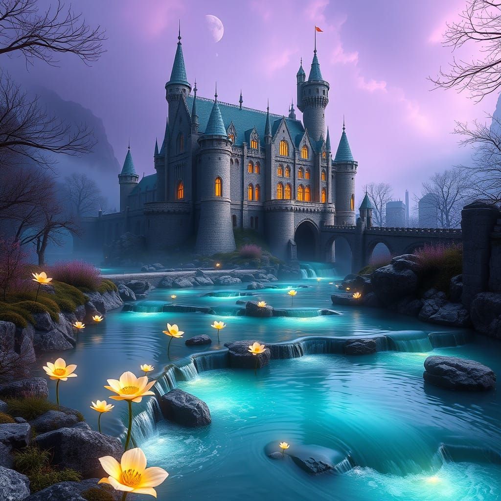 Mystical Castle Beside Glowing Turquoise Stream in Dark Fant...