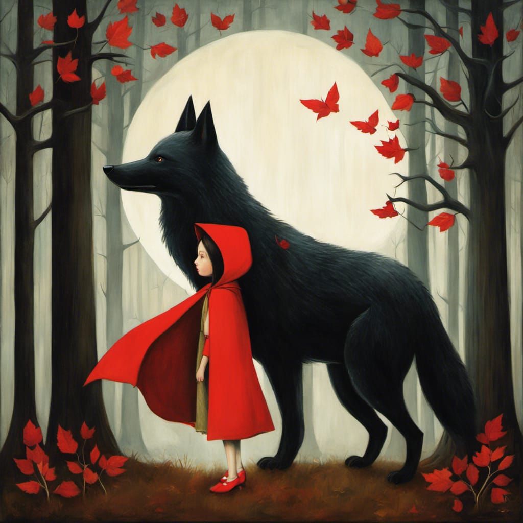 Little Red Riding Hood and Wolf in Forest