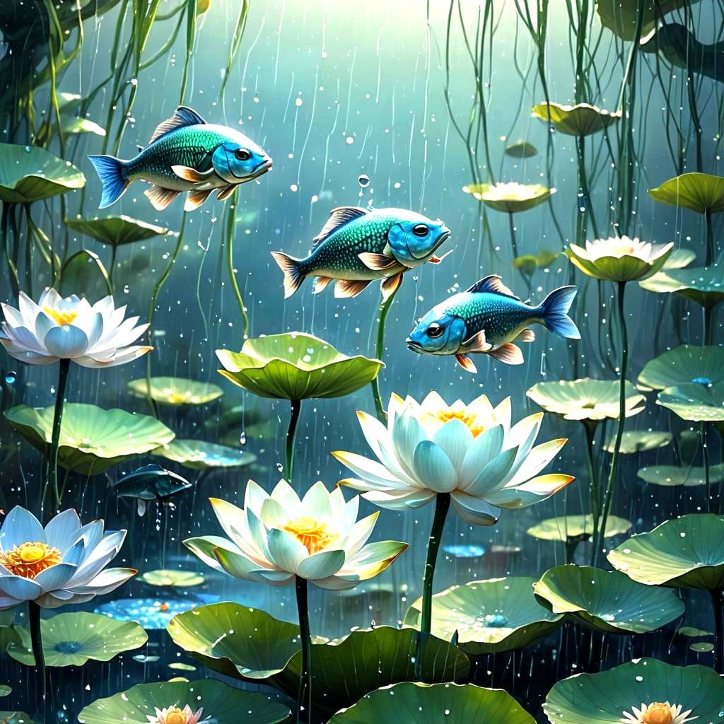 Lotus Shapes Become Fish Dancing in Rain: Detailed Matte Pai...