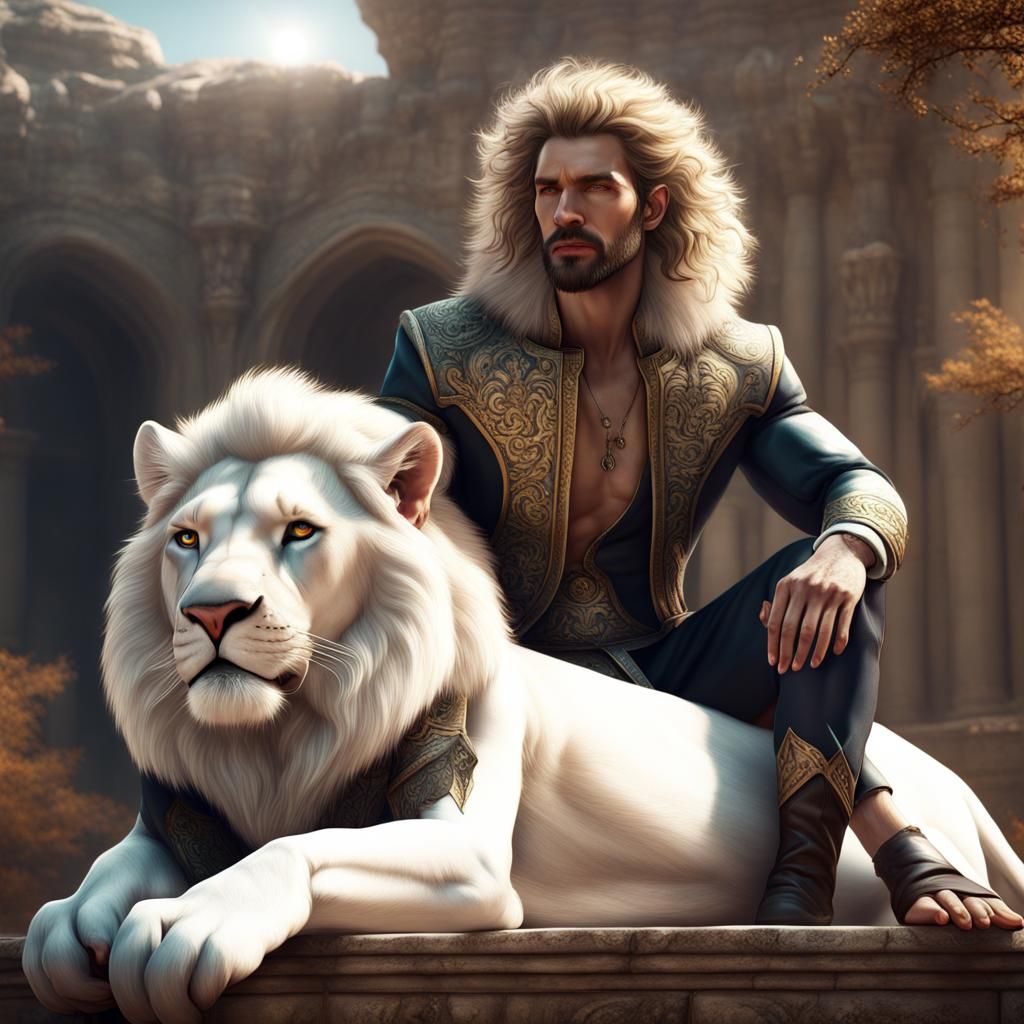 Handsome Man on White Lion: Fantasy Art