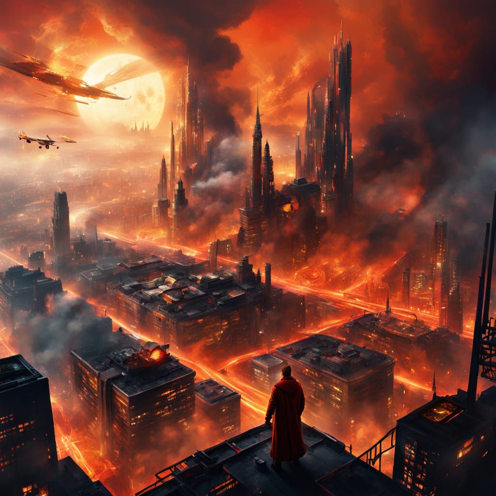 Futuristic Fire Red Cityscape with Dramatic Lighting