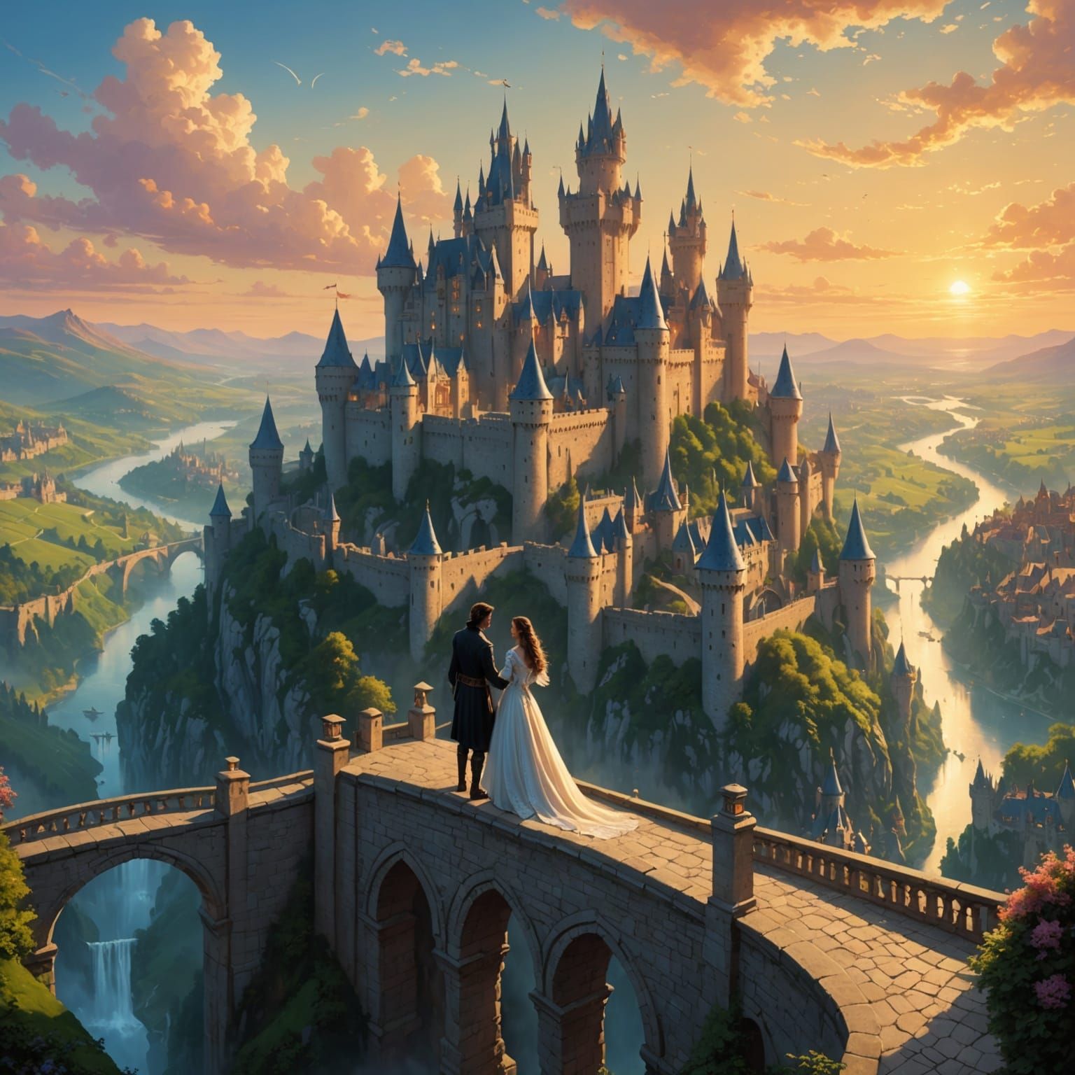 Fantasy Kingdom at Dawn in Romantic Sunrise Glow