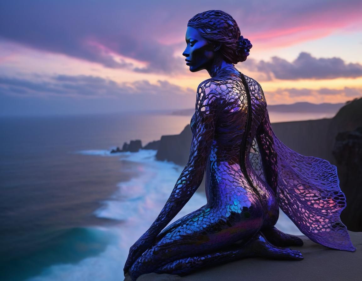 Glowing Purpleheartwood Sculptures on Cliff at Sunset