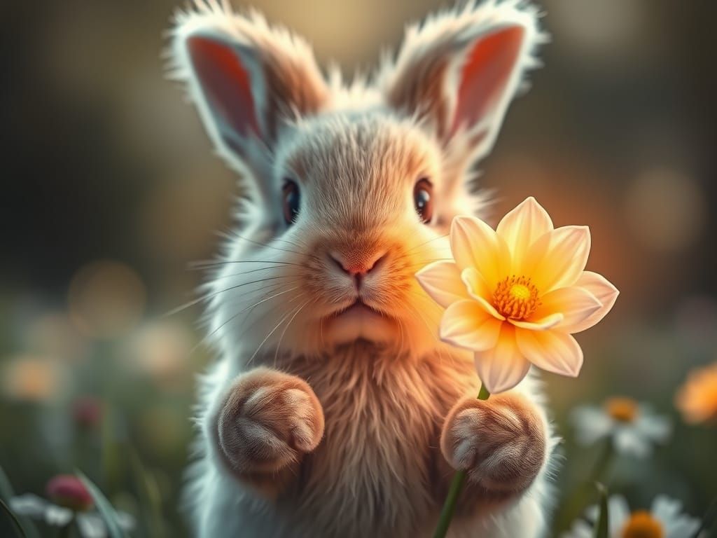 Cute Rabbit Offers Glowing Flower, Photorealistic Style