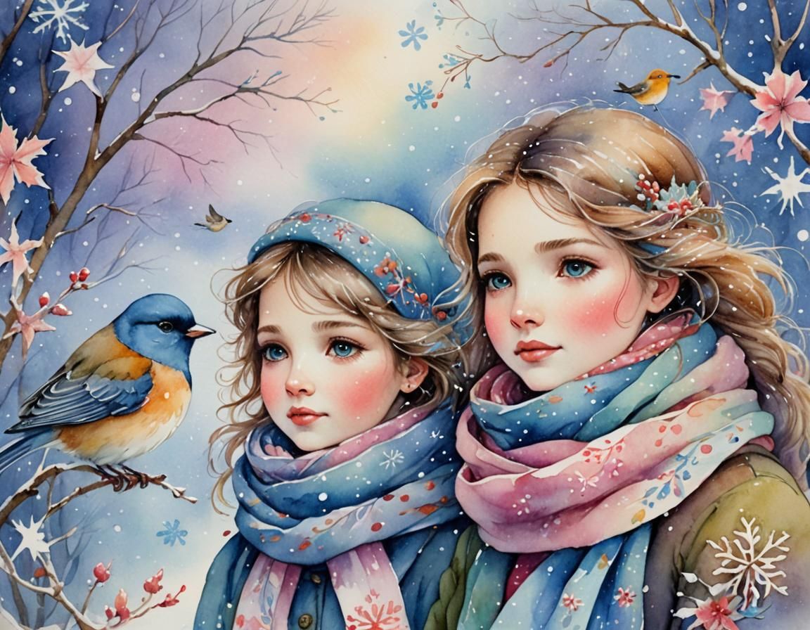 Birds in Winter Scarf: Whimsical Watercolor Illustration