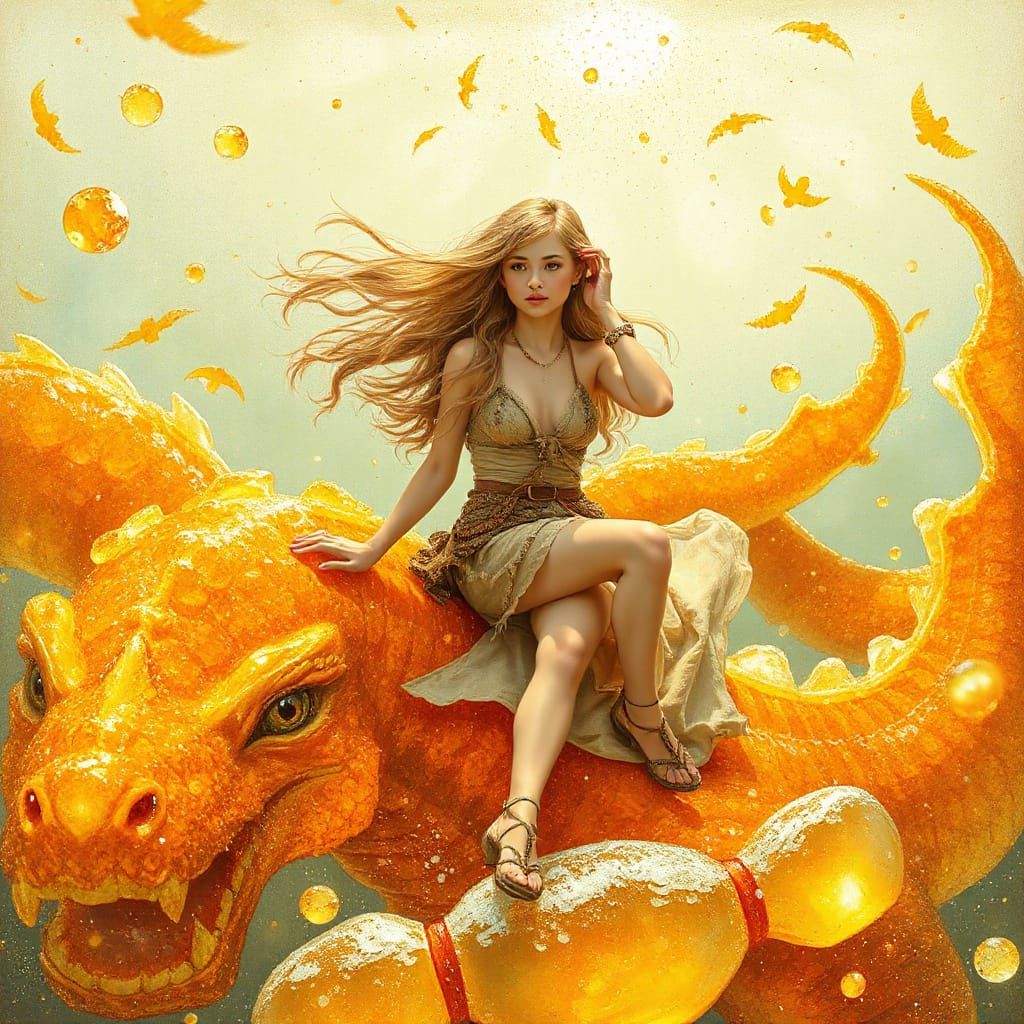 Young Woman on Gummy Dragon in Effervescent Soda Sea