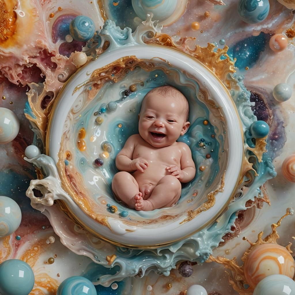 Ethereal Baby Floats in Cosmic Landscape, Digital Art