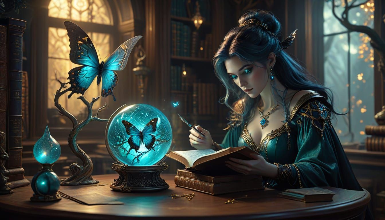 Mystical Sorceress in a Whimsical Woodland Lair