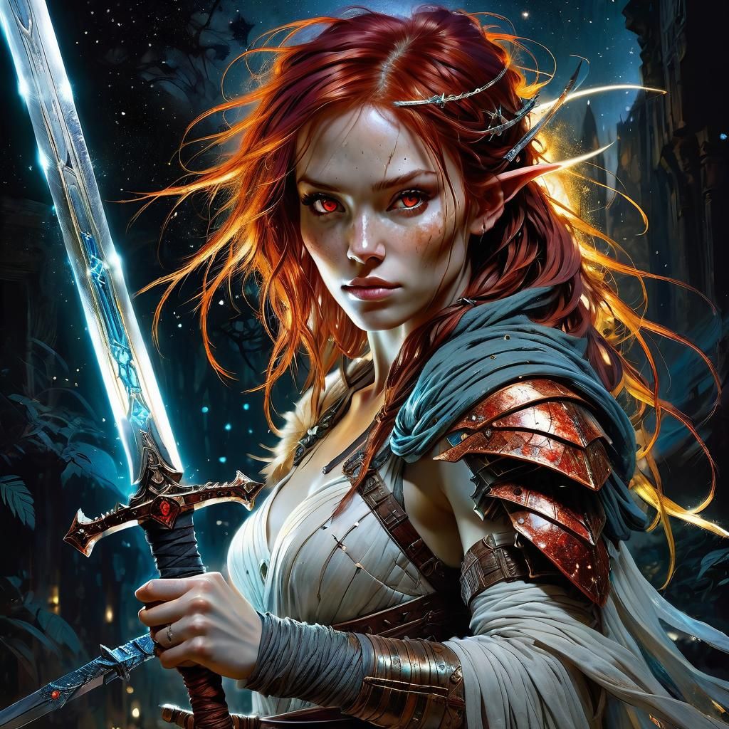 Fantasy Girl with Glowing Sword in Starry Night