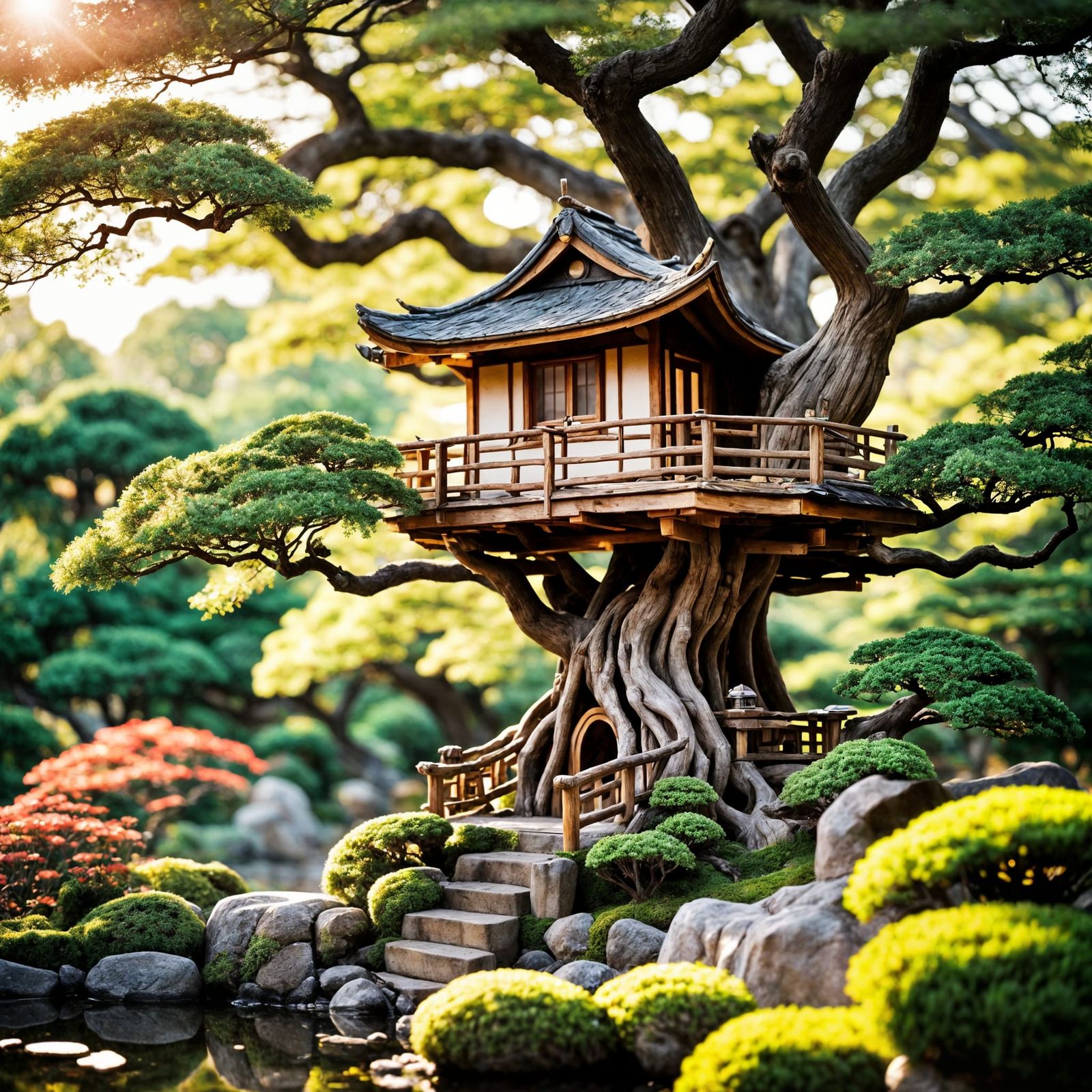 Surreal Sunrise Bonsai Treehouse in Vibrant Color