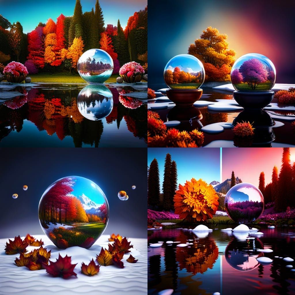 Four Crystal Balls Reflecting Changing Seasons