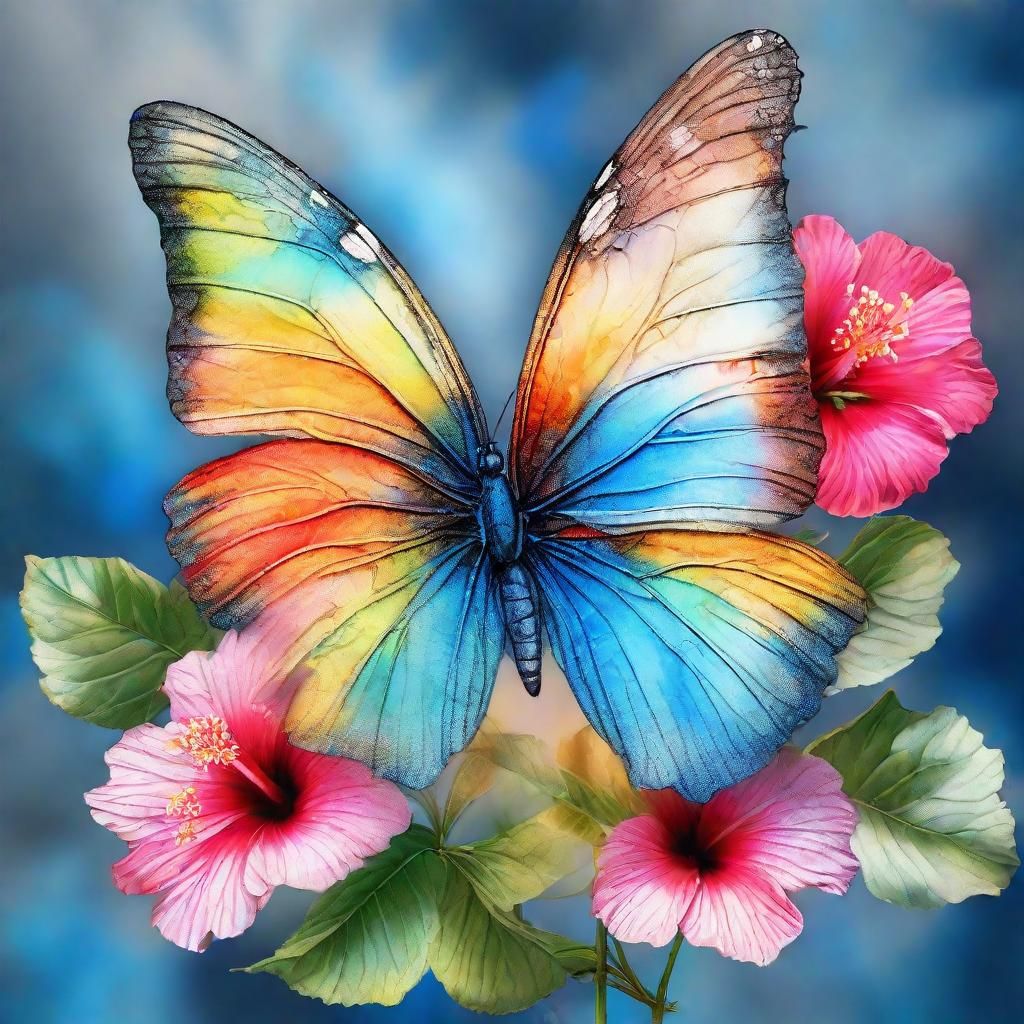 Butterfly on Hibiscus: Vivid Digital Fantasy Art