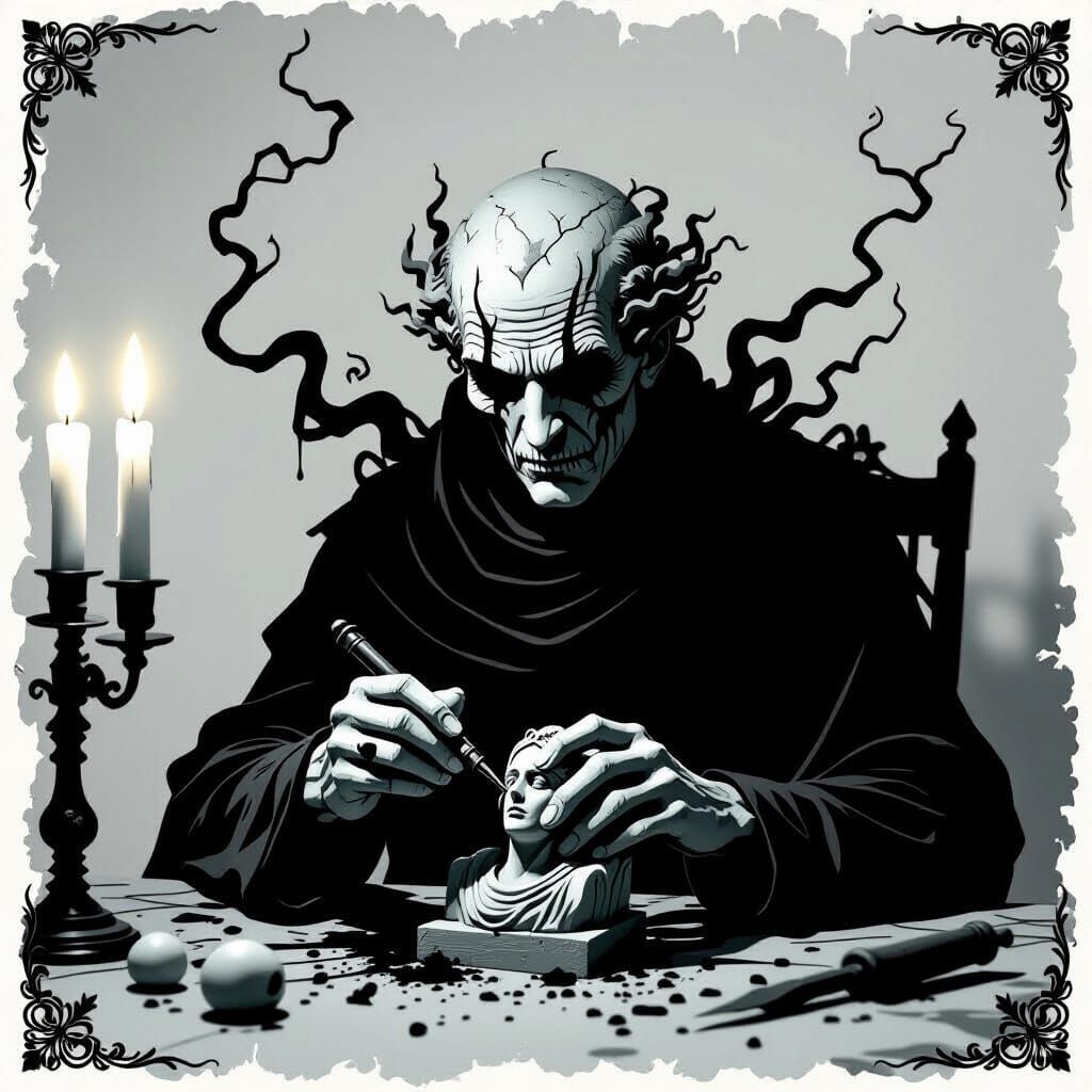 Cursed Sculptor Carving Whispering Statues in Eerie Light