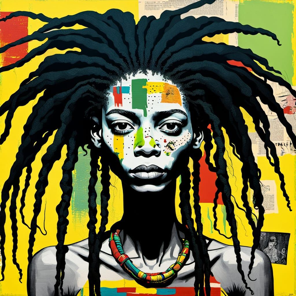 Surreal Rasta Alien Goddess in Basquiat-Inspired Modern Art