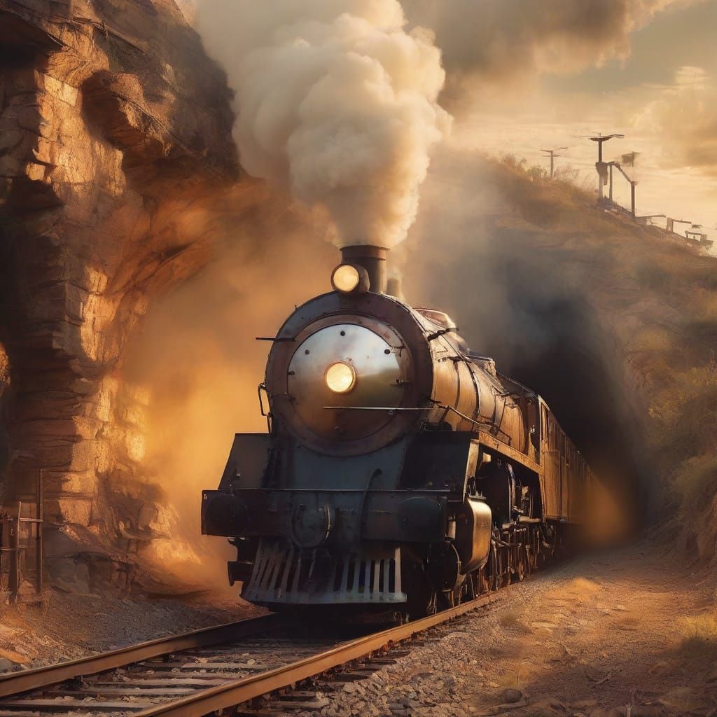 Vintage Steam Train Rises from Ancient Tunnel in Oil Paintin...
