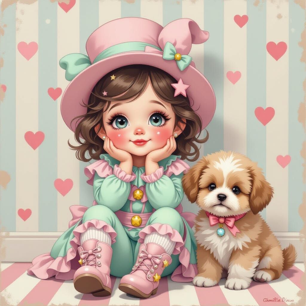 Cute Clown Toddler with Puppy, Art Nouveau Style