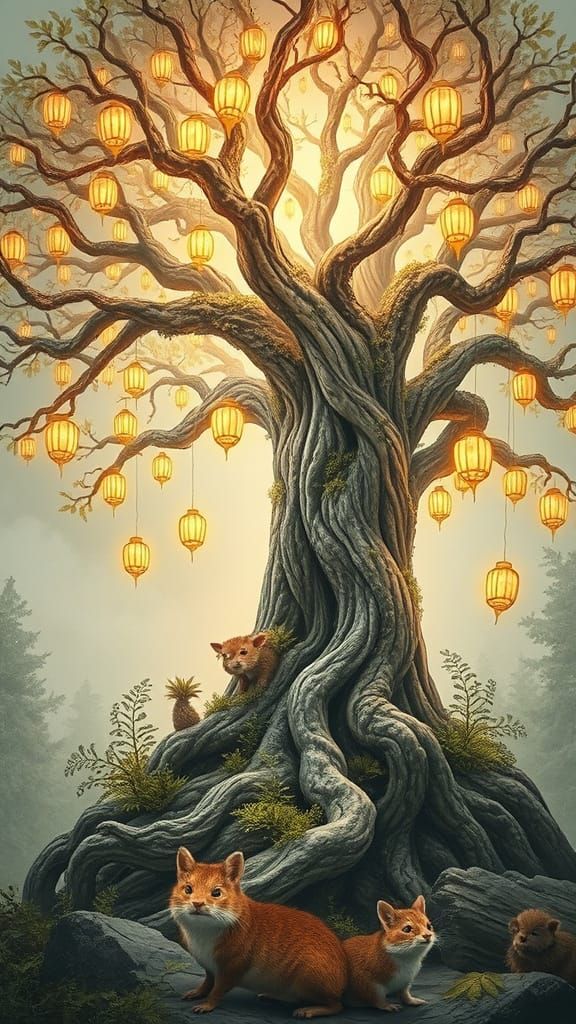 Ancient Tree Surrounded by Whimsical Woodland Creatures