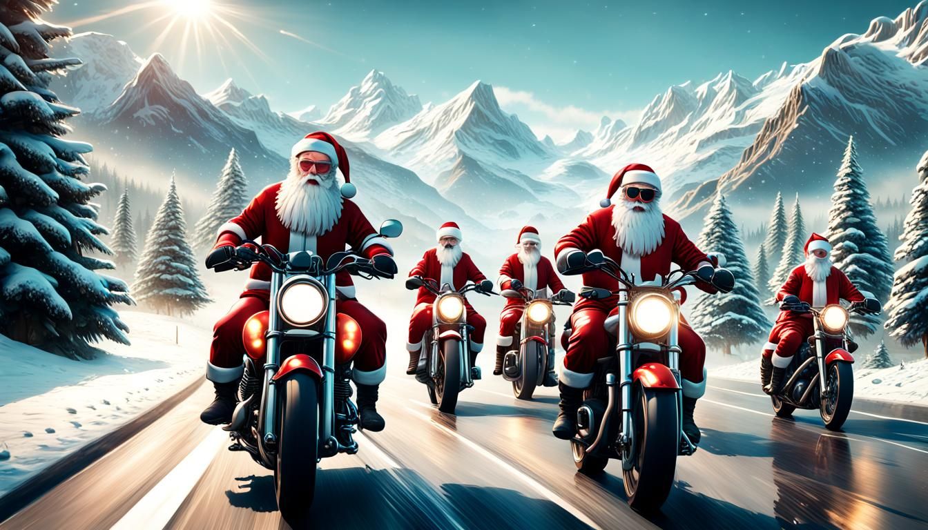 Santa Bikers Ride Through Snowy Mountain Christmas