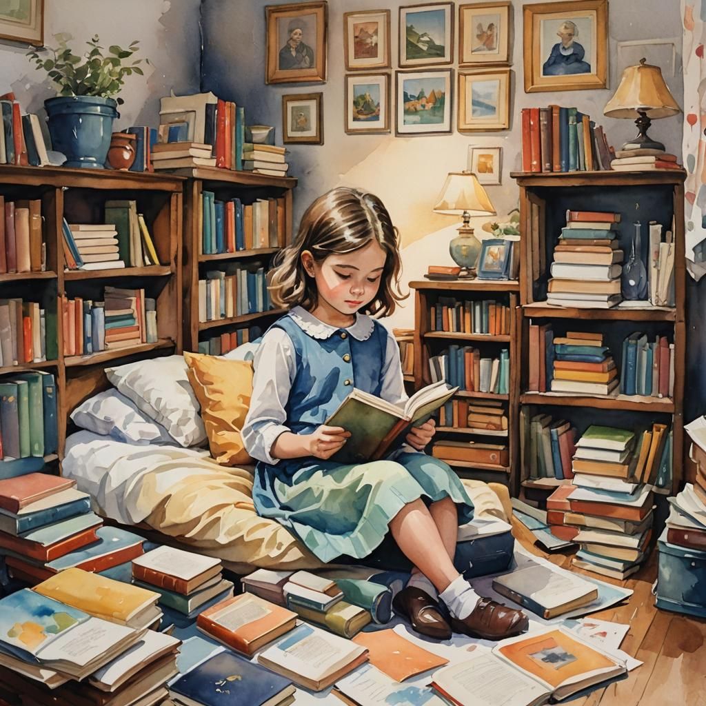 Charming Oil and Watercolor of Girl Reading