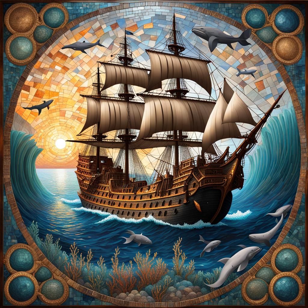Underwater Mosaic of Pirate Ship at Sunset