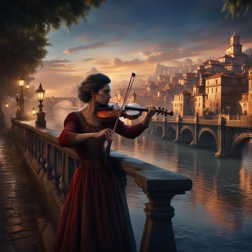 Violinist on Italian Bridge Under Moonlight: Detailed Matte ...