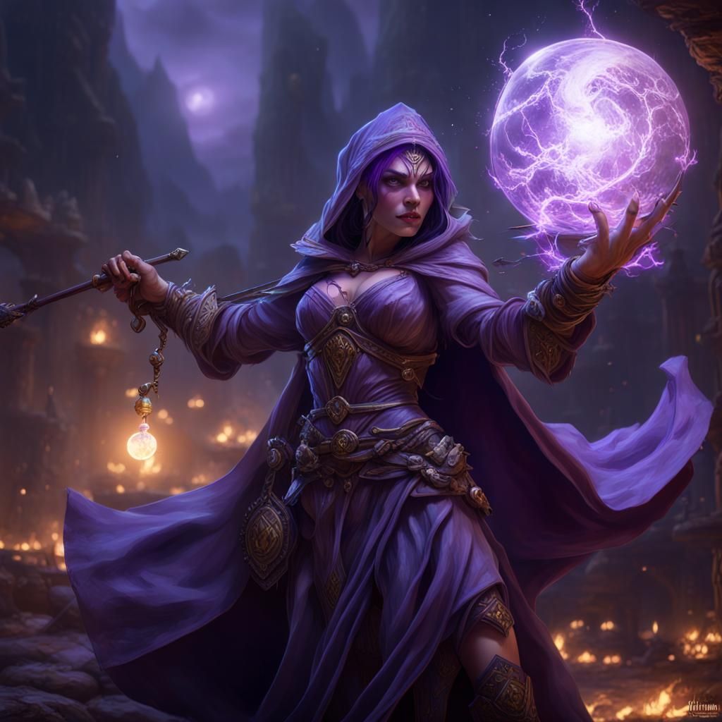 Sorceress Casts Lightning in Dark Fantasy Art