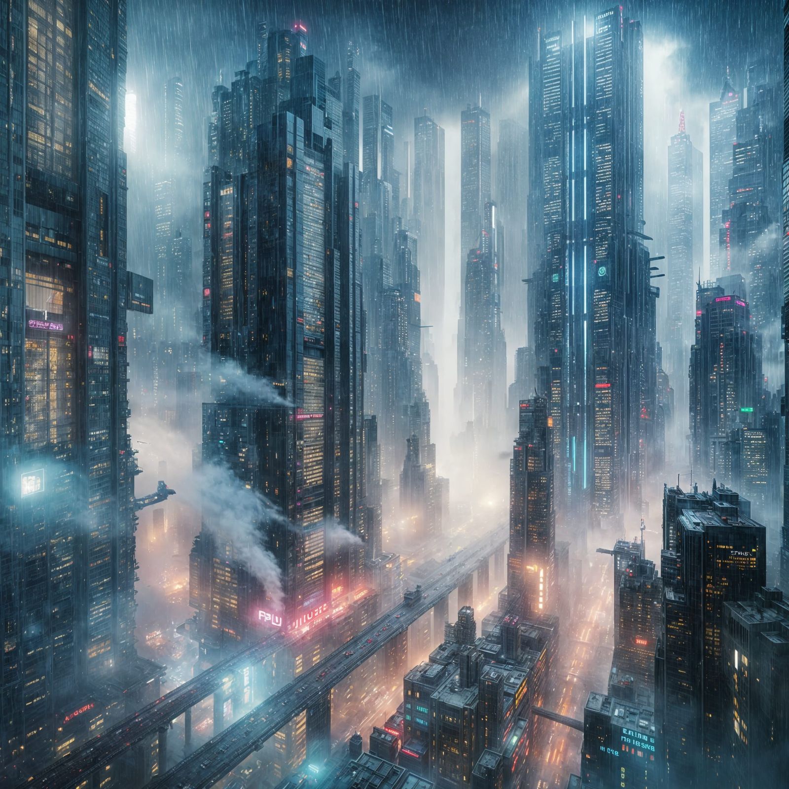 Futuristic Cityscape in Rain: 3D Rendered Masterpiece