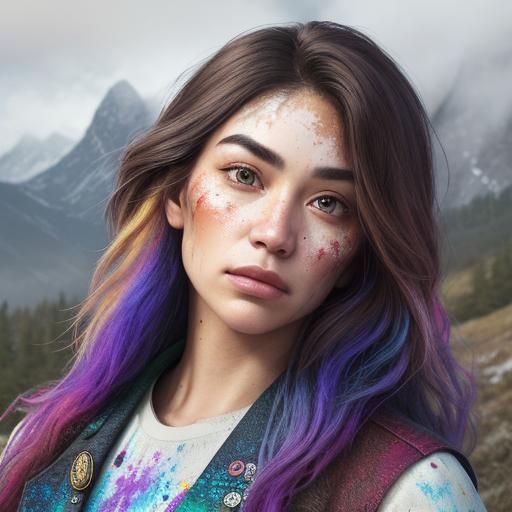 Hyperrealistic Portrait with Mountain Vista and Tourist Badg...