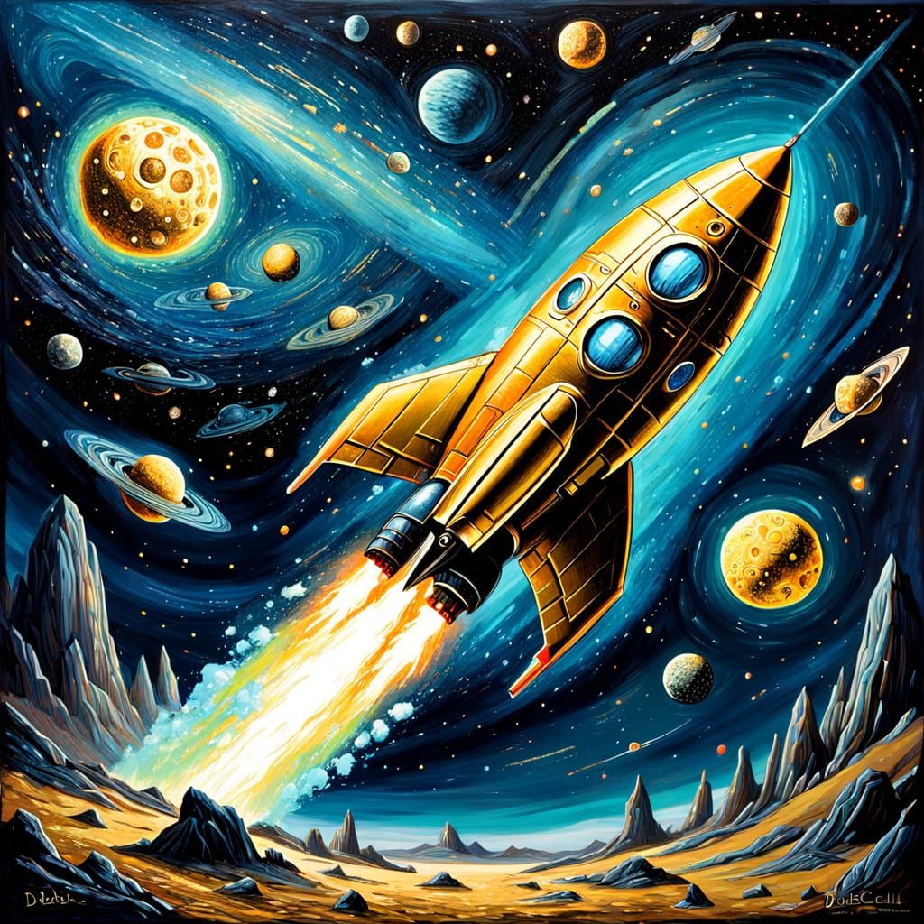Space Rocket in Bioluminescent Galaxy, Impasto Style