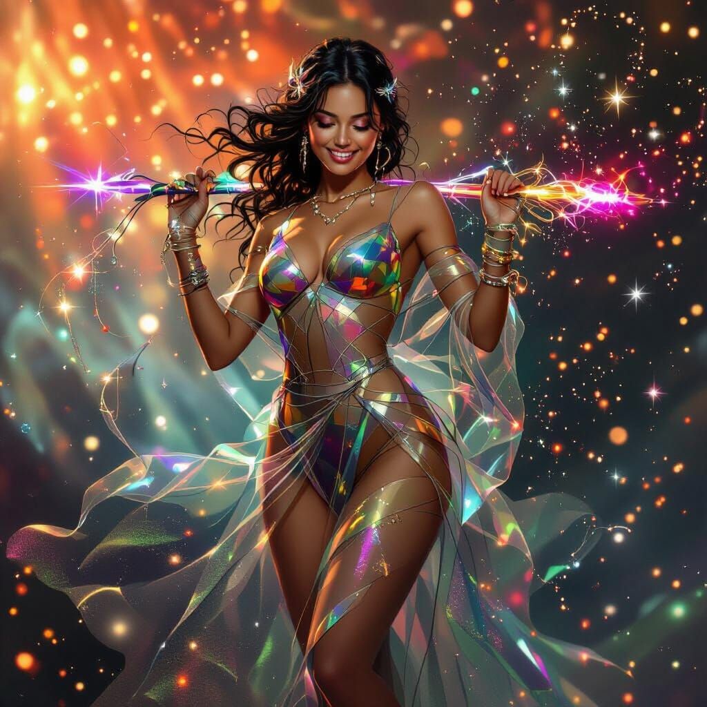 Celestial Woman in Iridescent Gown with Swirling Stardust