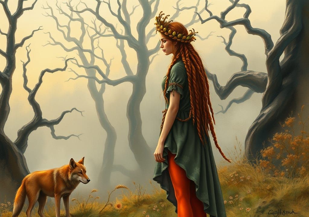 Enchanting Sorceress in Misty Forest: Watercolor Art