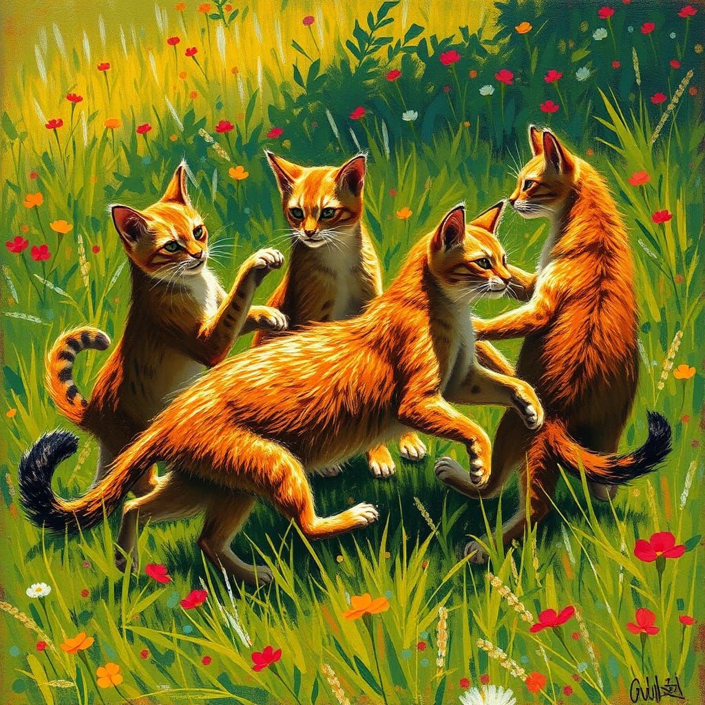 Wild Cats' Primal Dance in Naive Fauvist Style