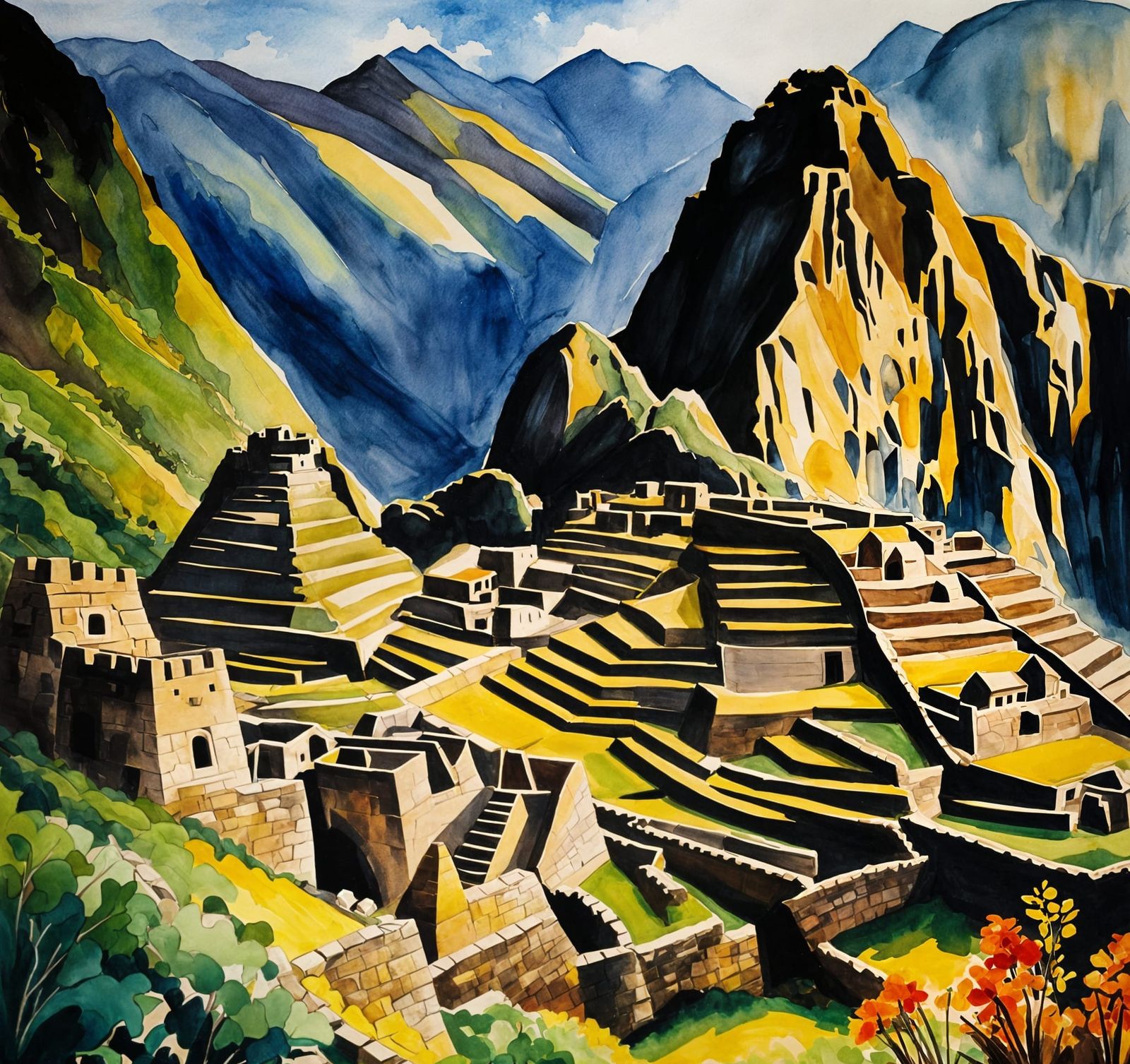 Inca Civilization in Peruvian Highlands Watercolor