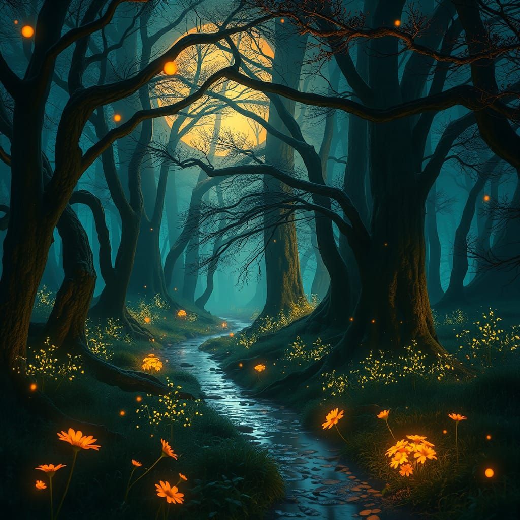 Bioluminescent Forest Path at Night, Splash Art