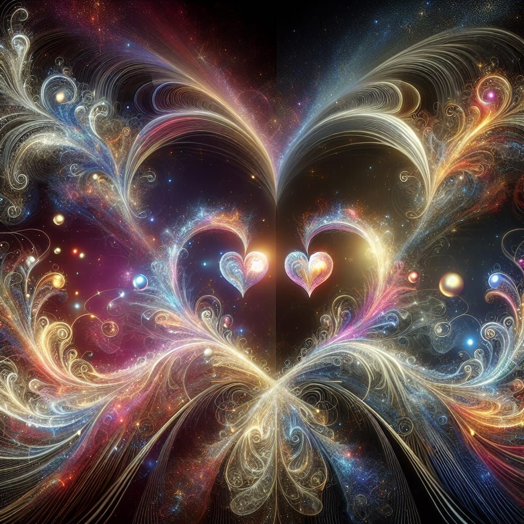 Cosmic Hearts Intersect in Abstract Victorian Gold Art