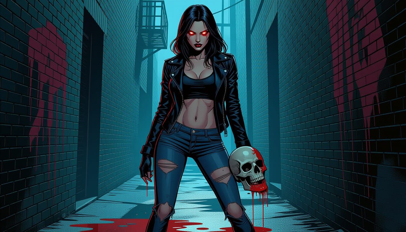 Vampire Woman in Grimy Alleyway Holding Severed Head