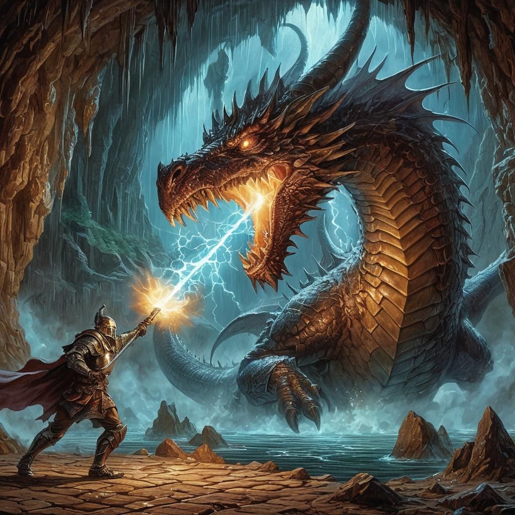 Bronze Dragon Unleashes Lightning in Subterranean Lair