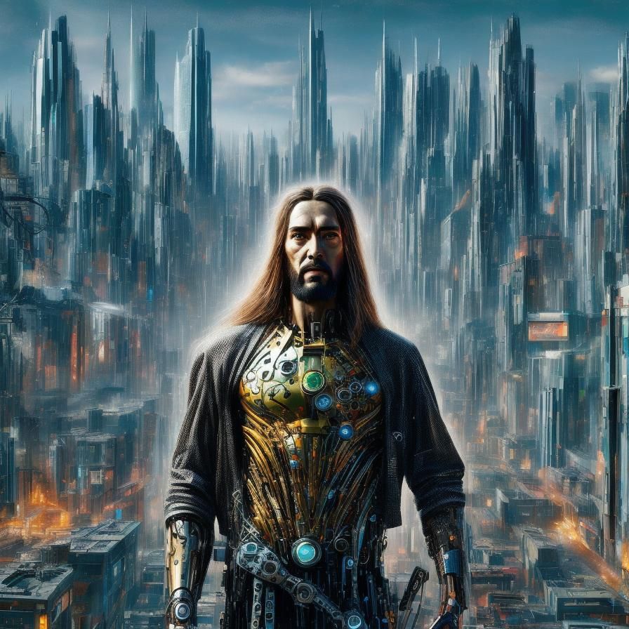 Cyborg Jesus in Cyberpunk Megapolis