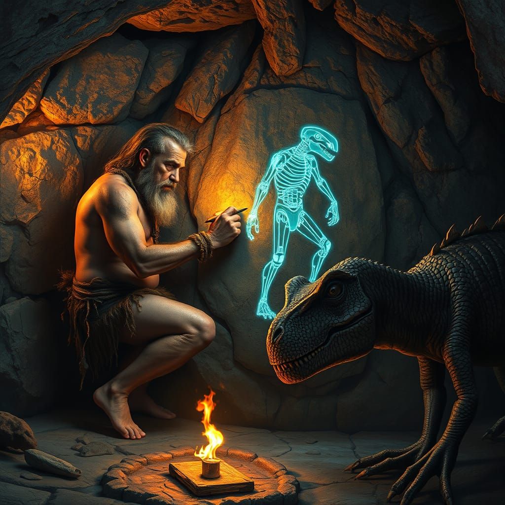 Primitive Artist Confronts Futuristic Robot in Ancient Cave