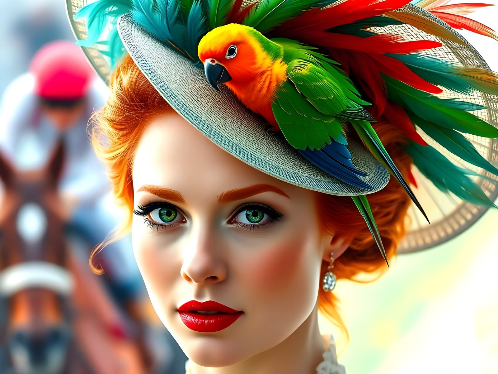 Glamorous Woman Adorns a Derby Hat with a Carolina Parakeet