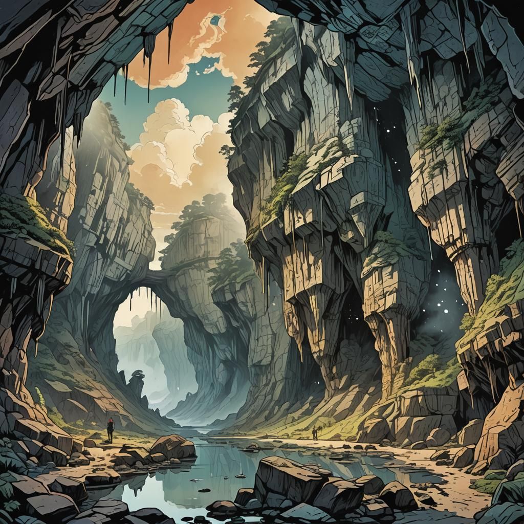 Eerie Caves at Dawn: A Retro Digital Illustration