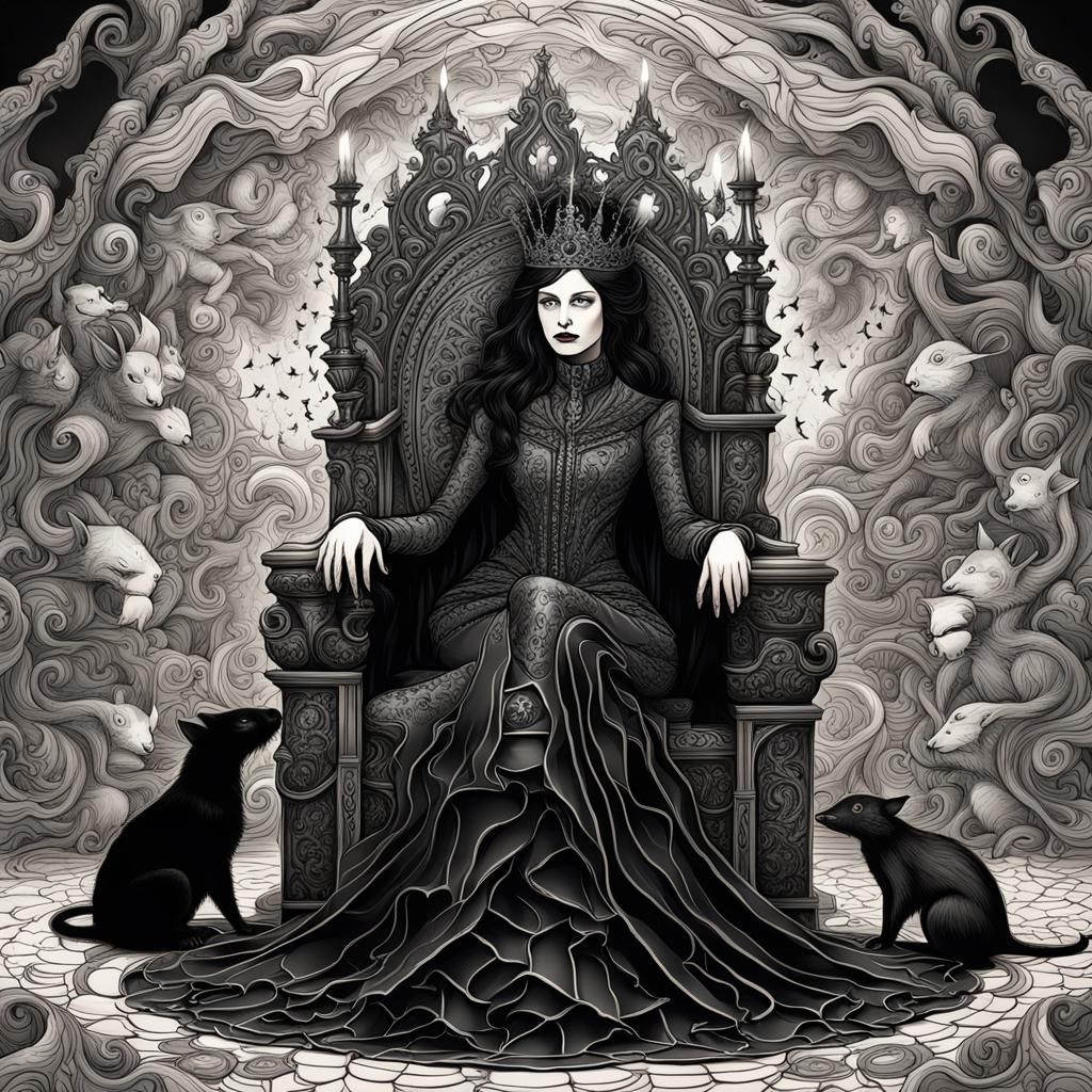 Goth Queen on Throne with Rats in Abstract Style