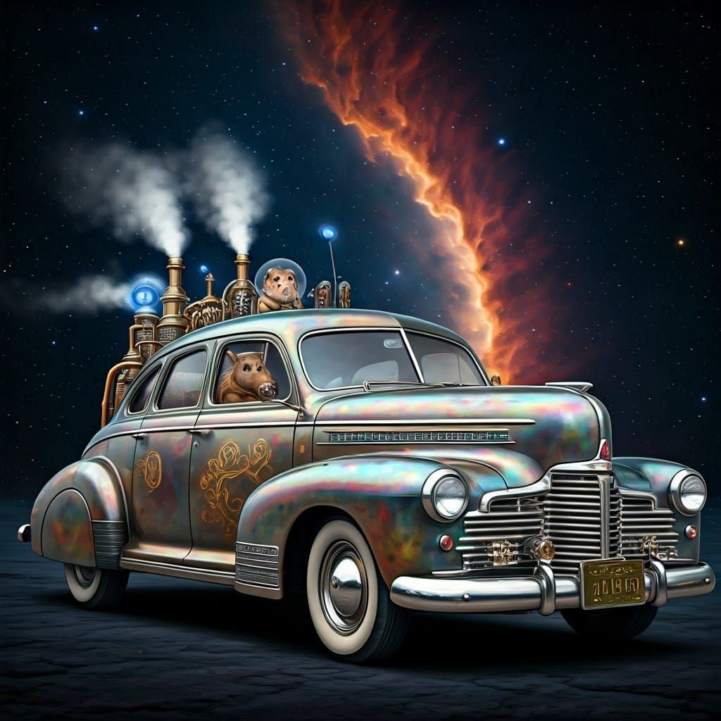Steampunk Chevy Spaceship Soaring Through Nebula