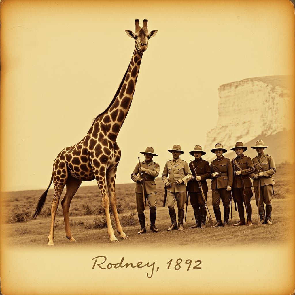 Giraffe Amidst British Soldiers in Faded Sepia Tone