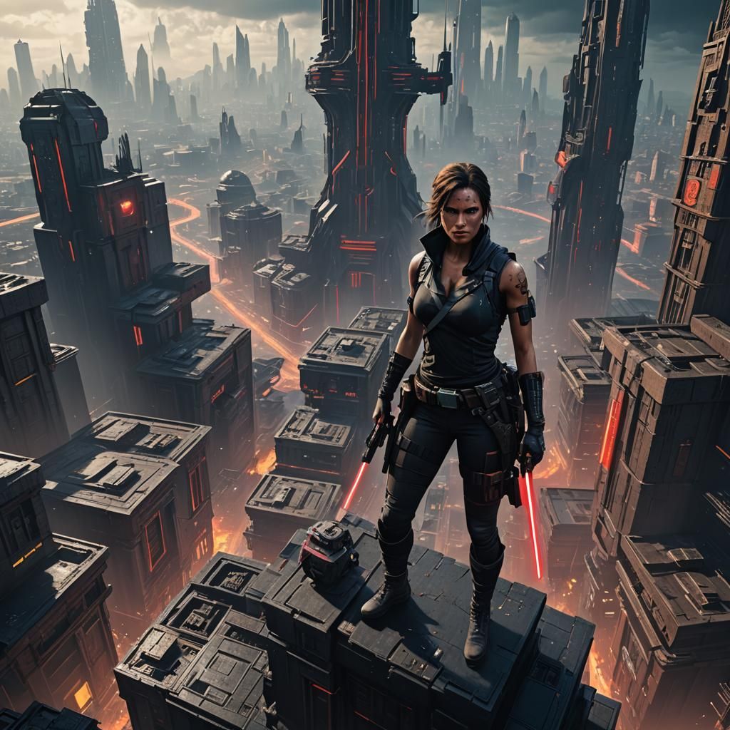 Sith Lord Lara Croft in Cyberpunk City