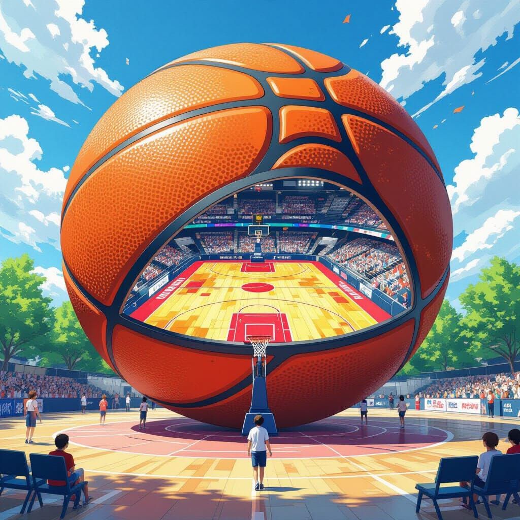 Basketball Field Inside a Giant Basketball: Anime Art